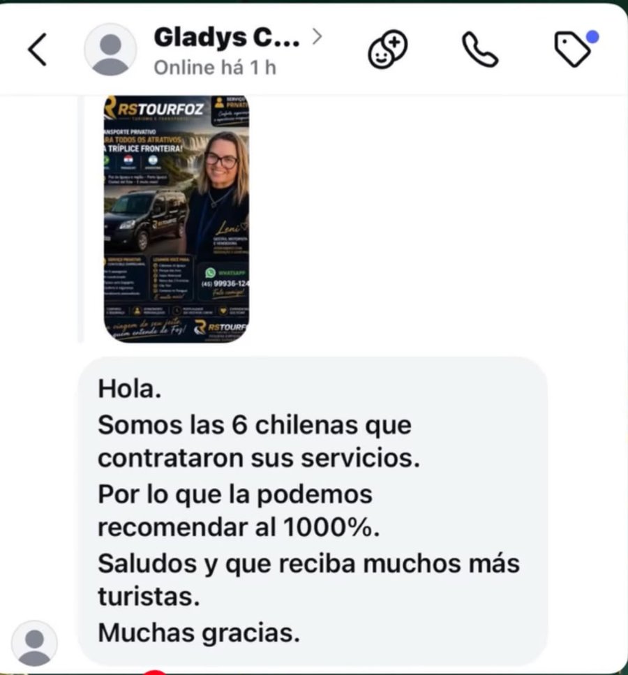 Mensagem de Gladys C.: “Hola. Somos las 6 chilenas que contrataron sus servicios. Por lo que la podemos recomendar al 1000%. Saludos y que reciba muchos más turistas. Muchas gracias.”
