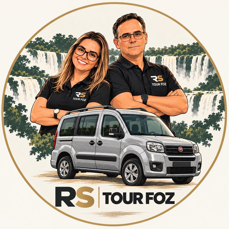 Ilustração da família RS Tour Foz com o carro em frente às Cataratas