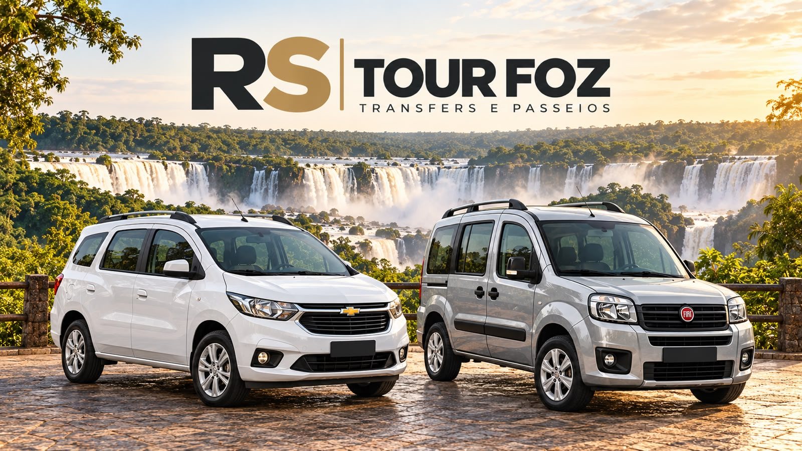 Chevrolet Spin branca e Fiat Doblò prata da RS Tour Foz em frente às Cataratas do Iguaçu