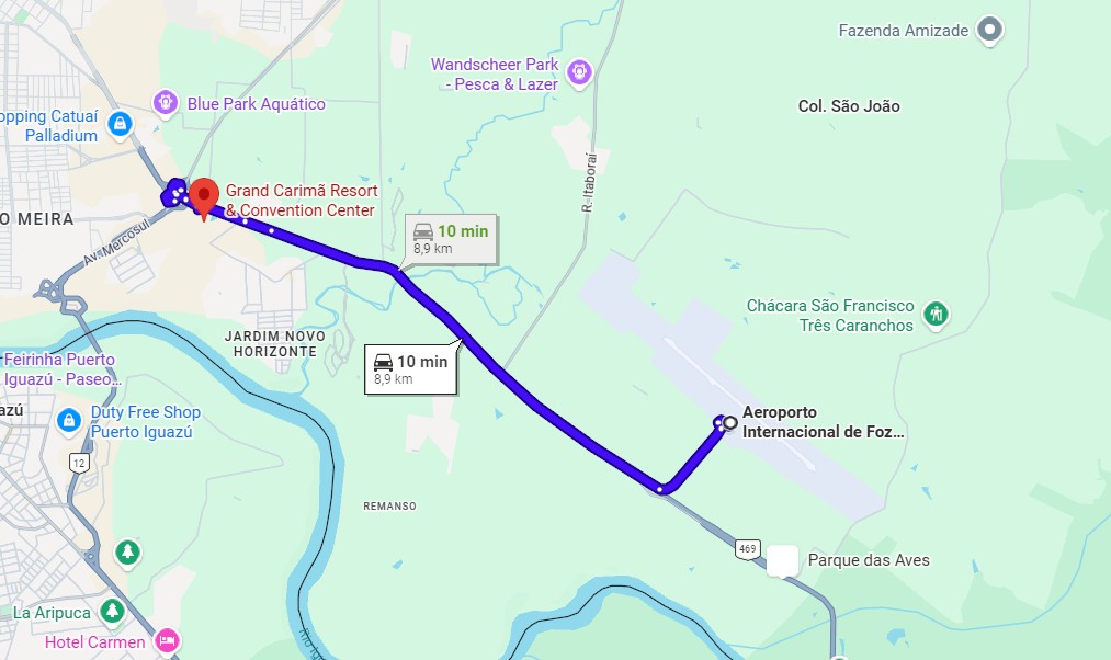 Mapa do trajeto entre o Aeroporto Internacional de Foz do Iguaçu e um hotel da cidade, cerca de 10 minutos de carro